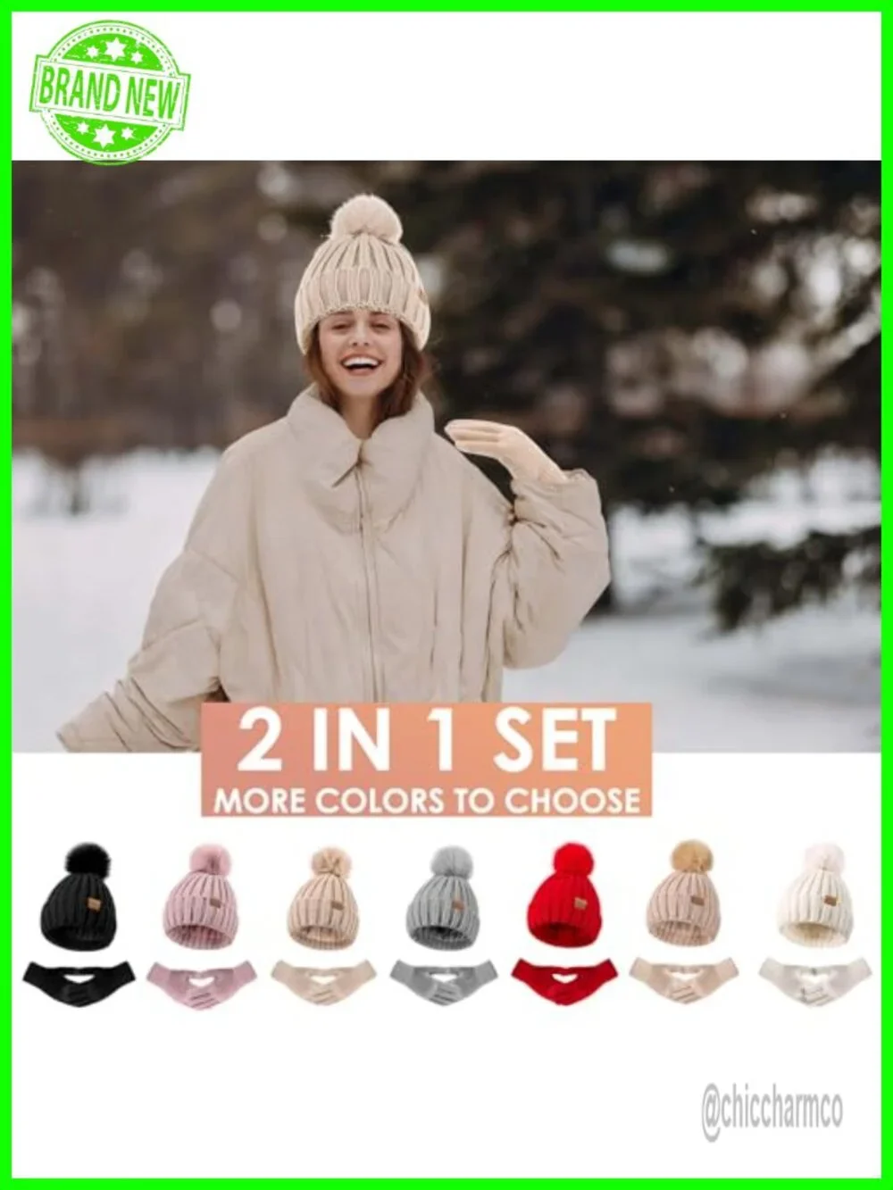 Winter Beanie Hat Gloves Set Fleece Lined PomPom Touchscreen Gloves